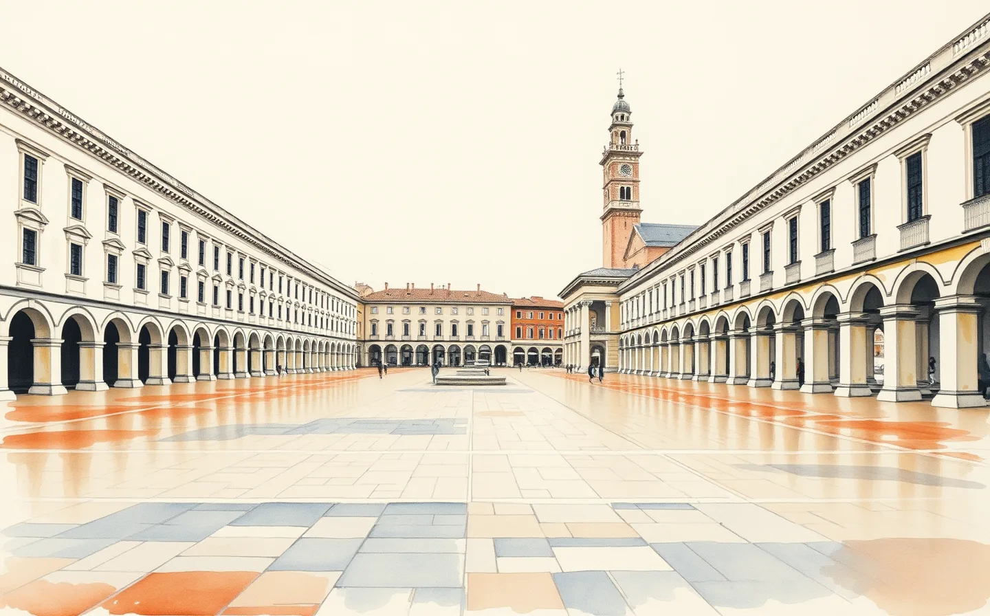 Wide travertine-paved piazza flanked by an arched Renaissance portico, closed by a Gothic church facade and a crenellated tower, glowing gold at dusk.