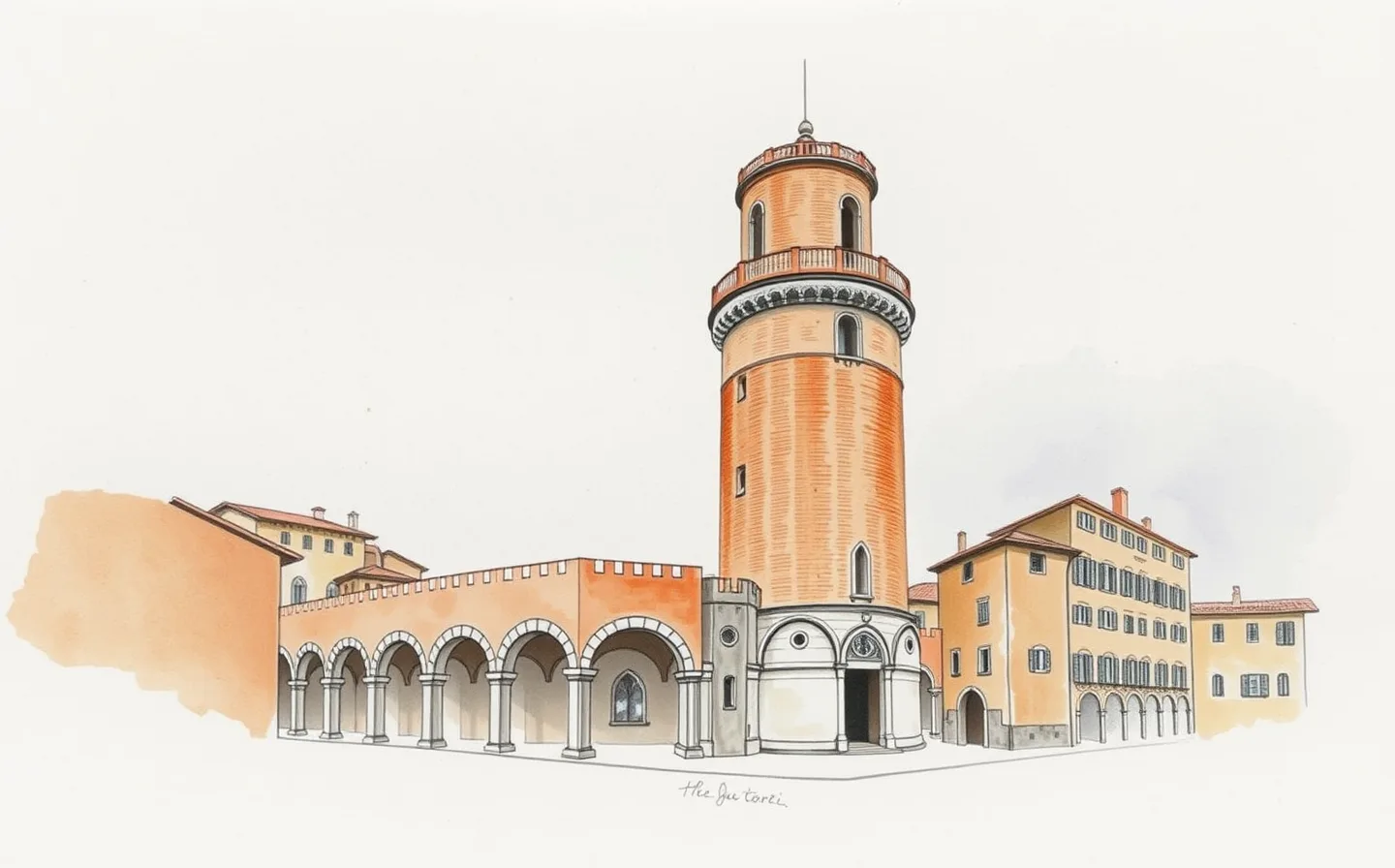 Illustration of Bologna's two medieval brick towers, the tall straight Asinelli and the shorter leaning Garisenda, rising above porticoed streets at dusk.
