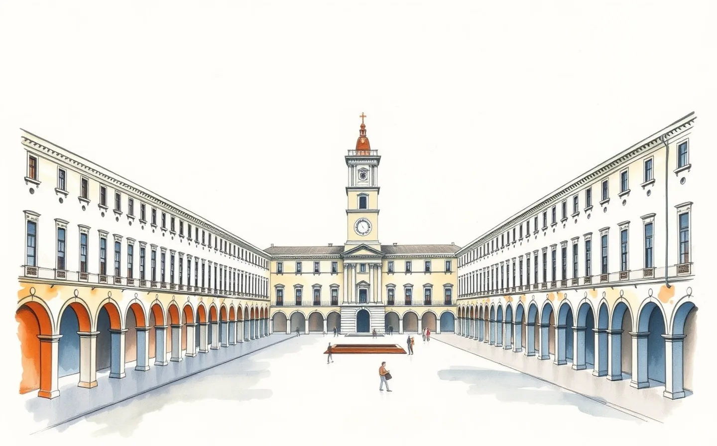 A view of the quadrangular Clock Tower in Faenza, featuring five superimposed orders and a dome, with the original 17th-century marble statue of the Madonna with Child visible in the base niche, set against a backdrop of terracotta buildings and sage green trees.