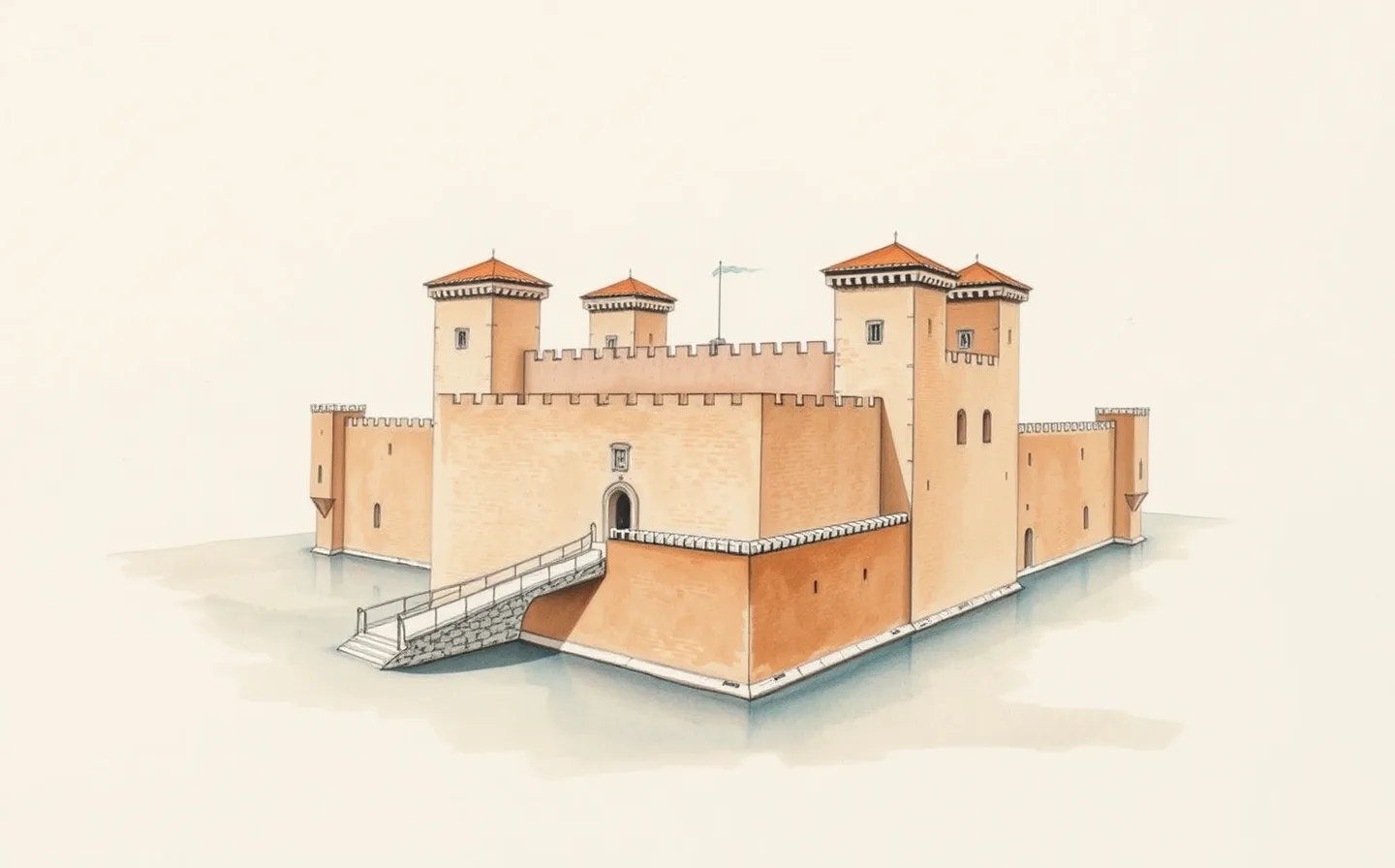 Illustration of Ferrara's moated brick Castello Estense, its four crenellated corner towers rising above the water.
