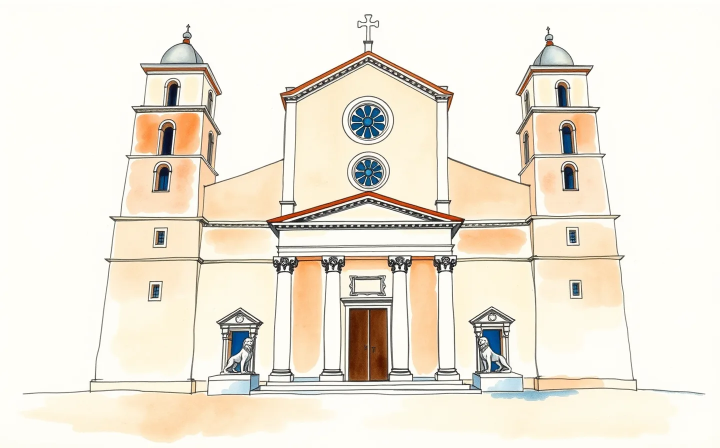 Fidenza Cathedral's asymmetrical Romanesque facade, with two unequal bell towers, a rose window, and carved stone reliefs above three columned porches.
