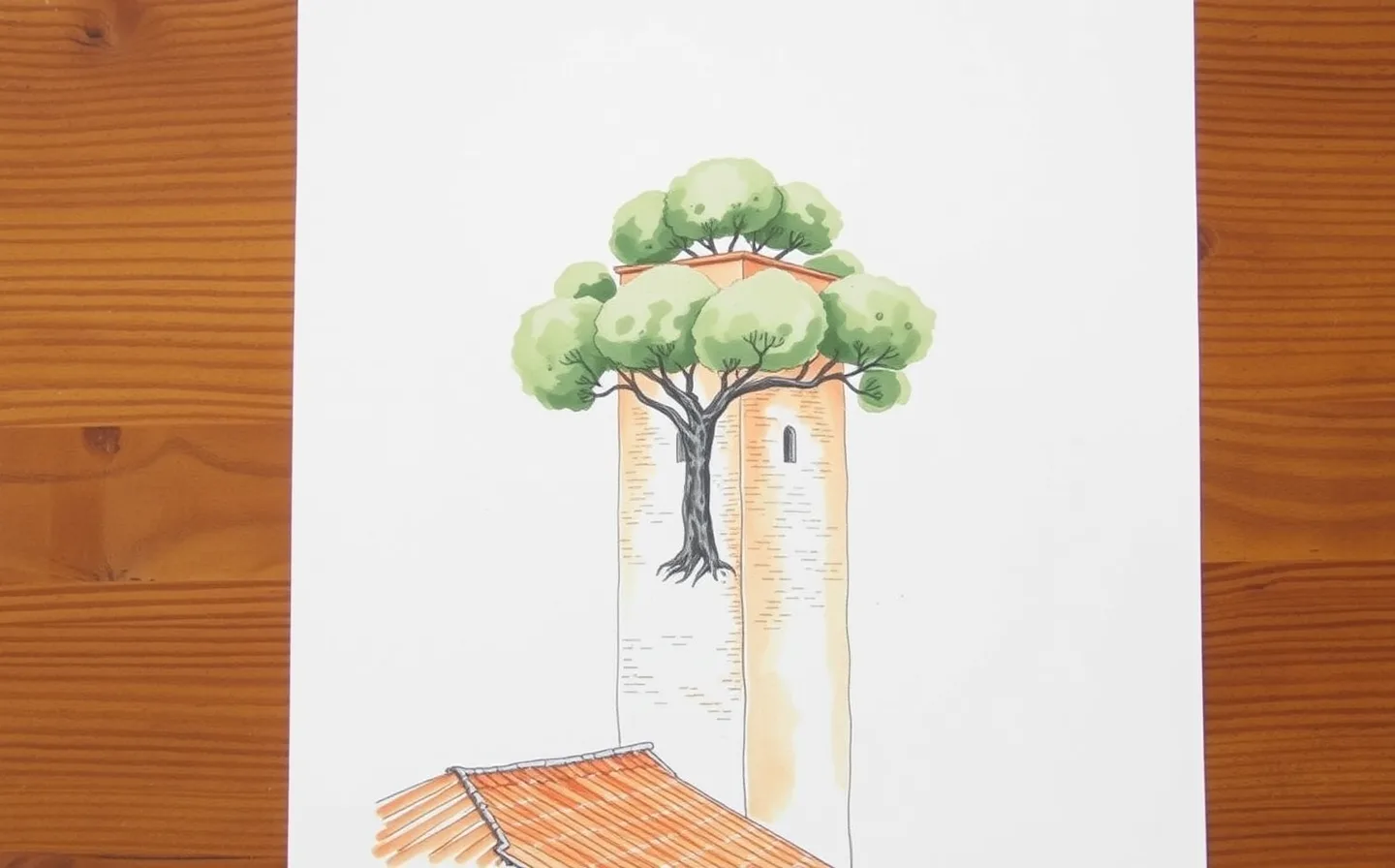 Lucca's Torre Guinigi, a tall square brick tower topped with a cluster of holm oak trees growing from a rooftop terrace, seen above the city's tiled roofs.