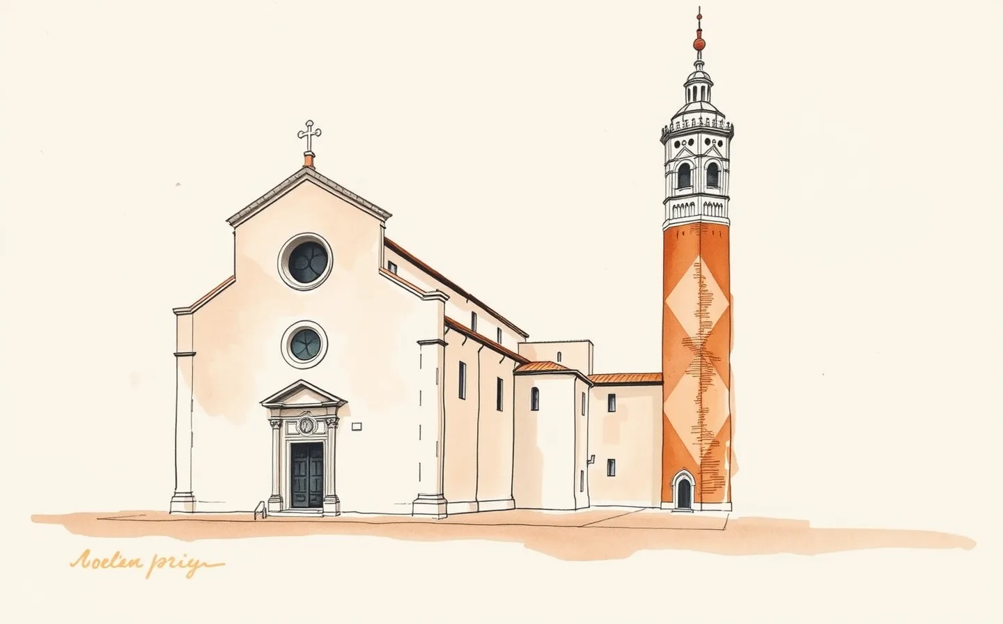 Watercolour plate of Modena's Romanesque cathedral and leaning bell tower in faded rose and terracotta, a generated placeholder standing in for a painted illustration.