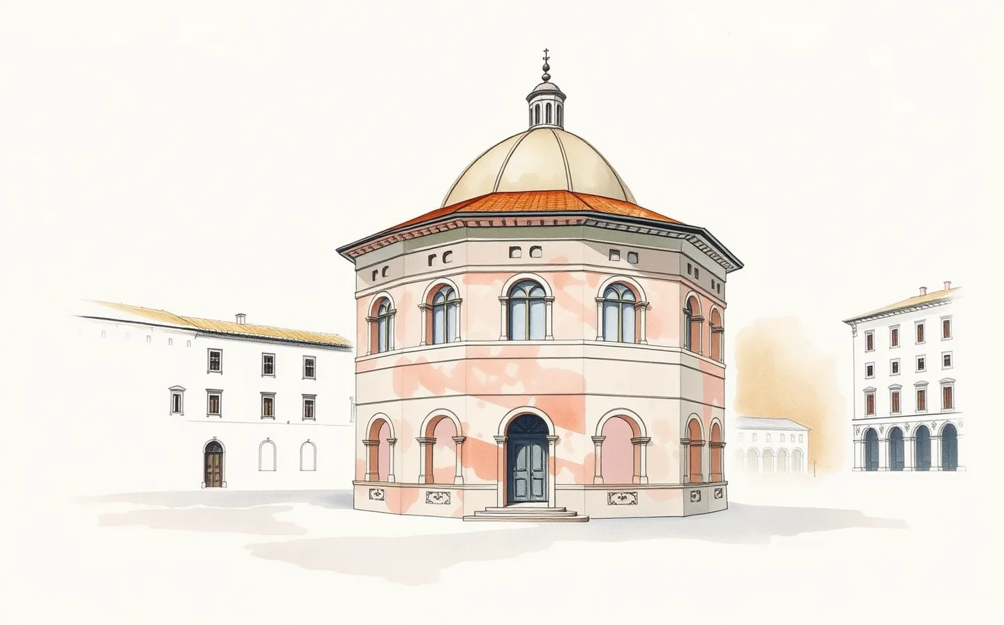 The facade of the Ducal Palace in Parma, featuring symmetrical windows, terracotta roof tiles, and sage green shutters, set against a clear sky.