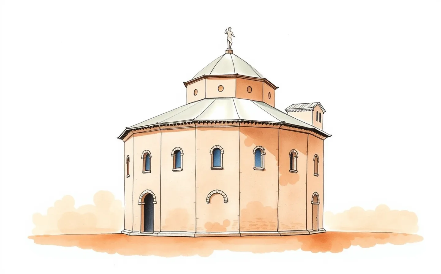 The octagonal dome of the Basilica of San Vitale in Ravenna, featuring gold and blue mosaics against a terracotta sky