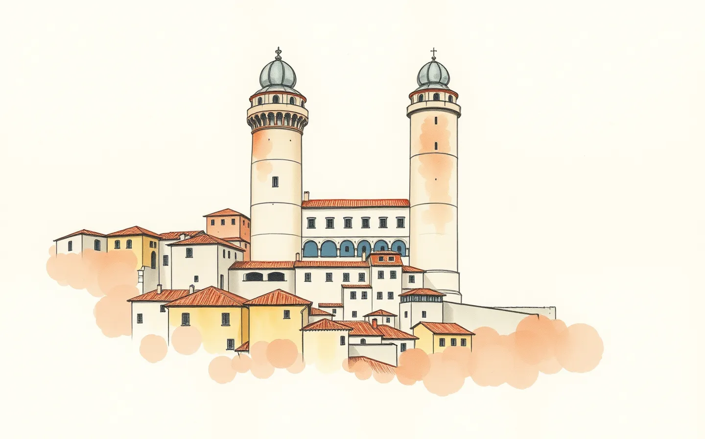 Illustration of Urbino's Palazzo Ducale with its two round towers rising above the brick rooftops of the hill town.
