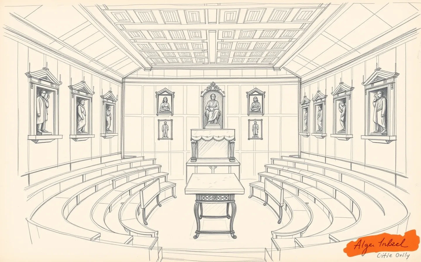 Interior of the Anatomical Theatre in Bologna: curved wooden tiers around a marble table, statues of physicians in wall niches, and two flayed wooden figures flanking the professor's canopied seat.