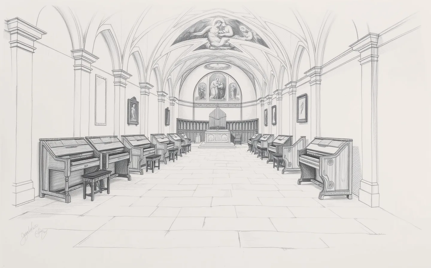 Illustration of San Colombano's interior in Bologna: rows of antique harpsichords and spinets beneath a barrel-vaulted ceiling frescoed with a Passion of Christ cycle in ochre and dusty blue tones.