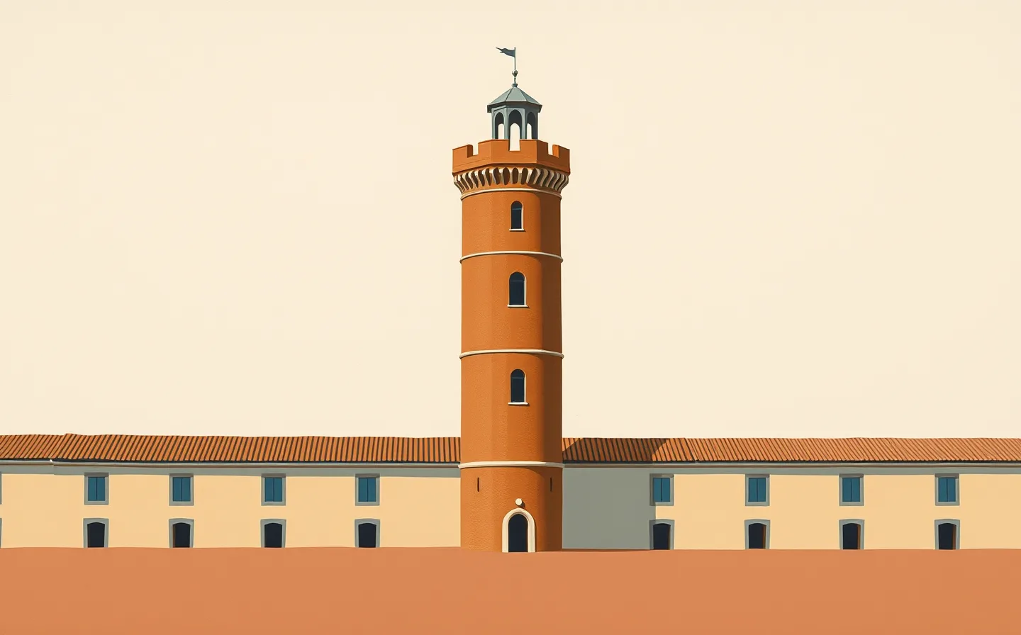 Illustration of the cylindrical brick observatory tower of the Museo della Specola rising above the rooftop of Palazzo Poggi in Bologna, against a dusty blue sky.