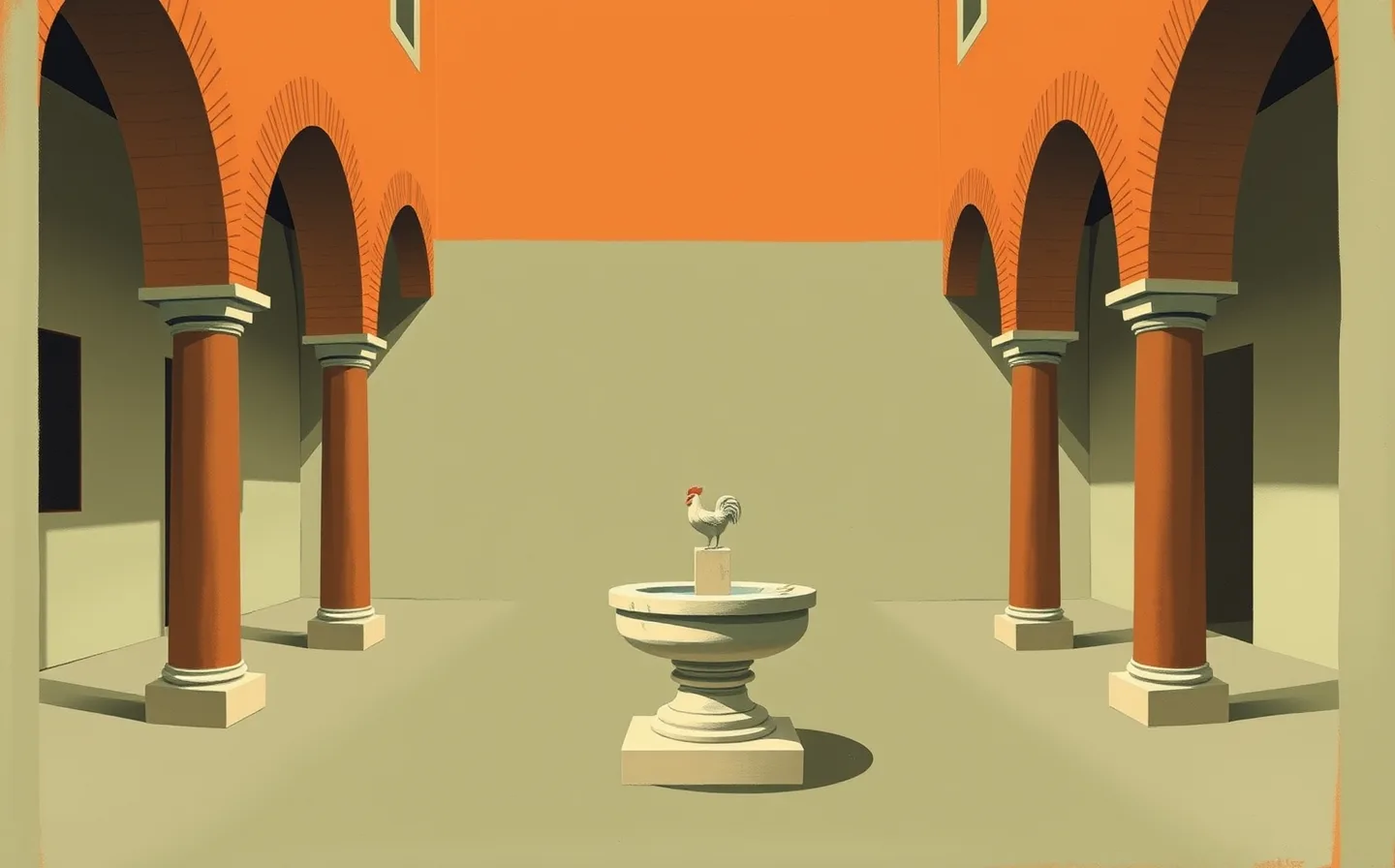 Illustration of the Cortile di Pilato: Romanesque brick arcades on two sides of a grassy courtyard, a round stone basin on a pedestal at the centre, and a carved stone rooster under the portico.