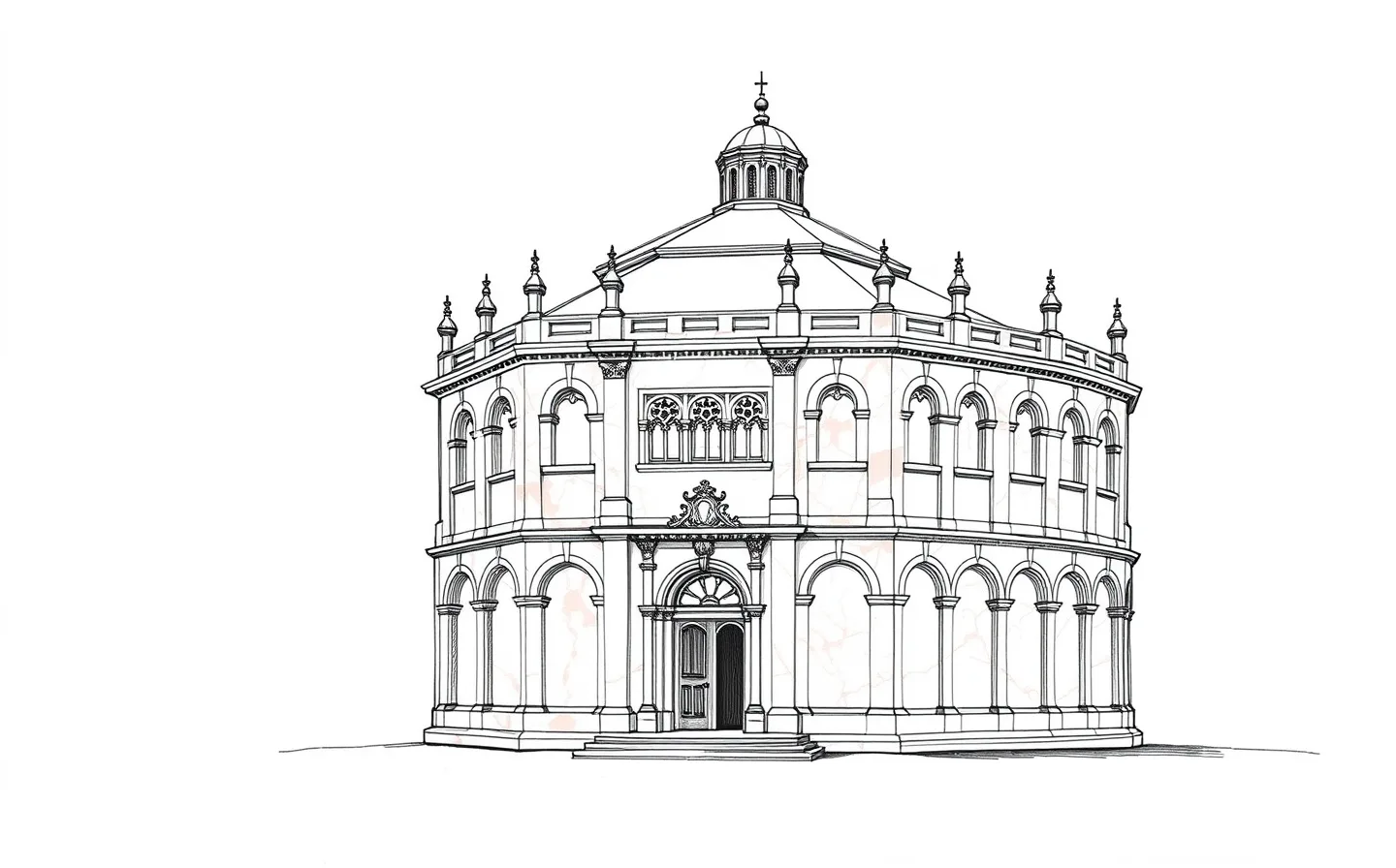 Illustration of the octagonal Baptistery of Parma in pink-veined marble, showing its four tiers of arcaded loggias, a carved portal, and a roofline of eight slender turrets against the sky.