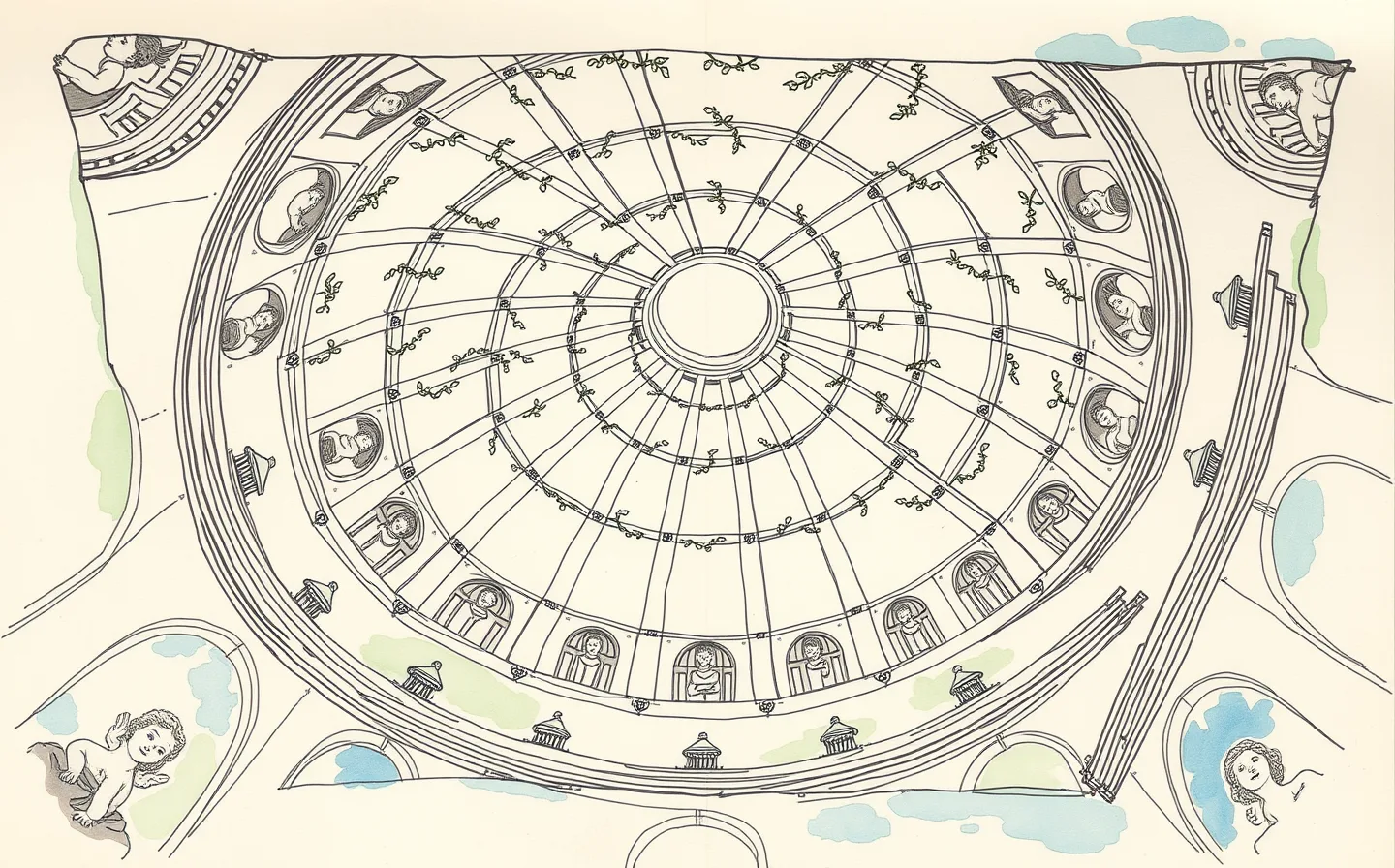 Illustration looking straight up into a Renaissance vault painted as an open pergola: green trellis against pale sky, oval openings with cherubs peering down, a ring of grey monochrome figures below.