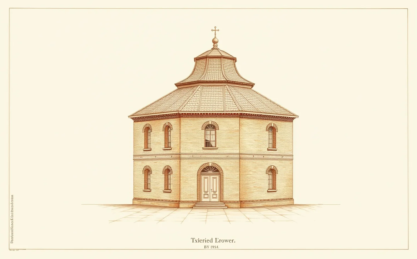 Illustration of the octagonal red-brick Arian Baptistery in Ravenna, its low dome rising above a small paved square, sunk slightly below street level.