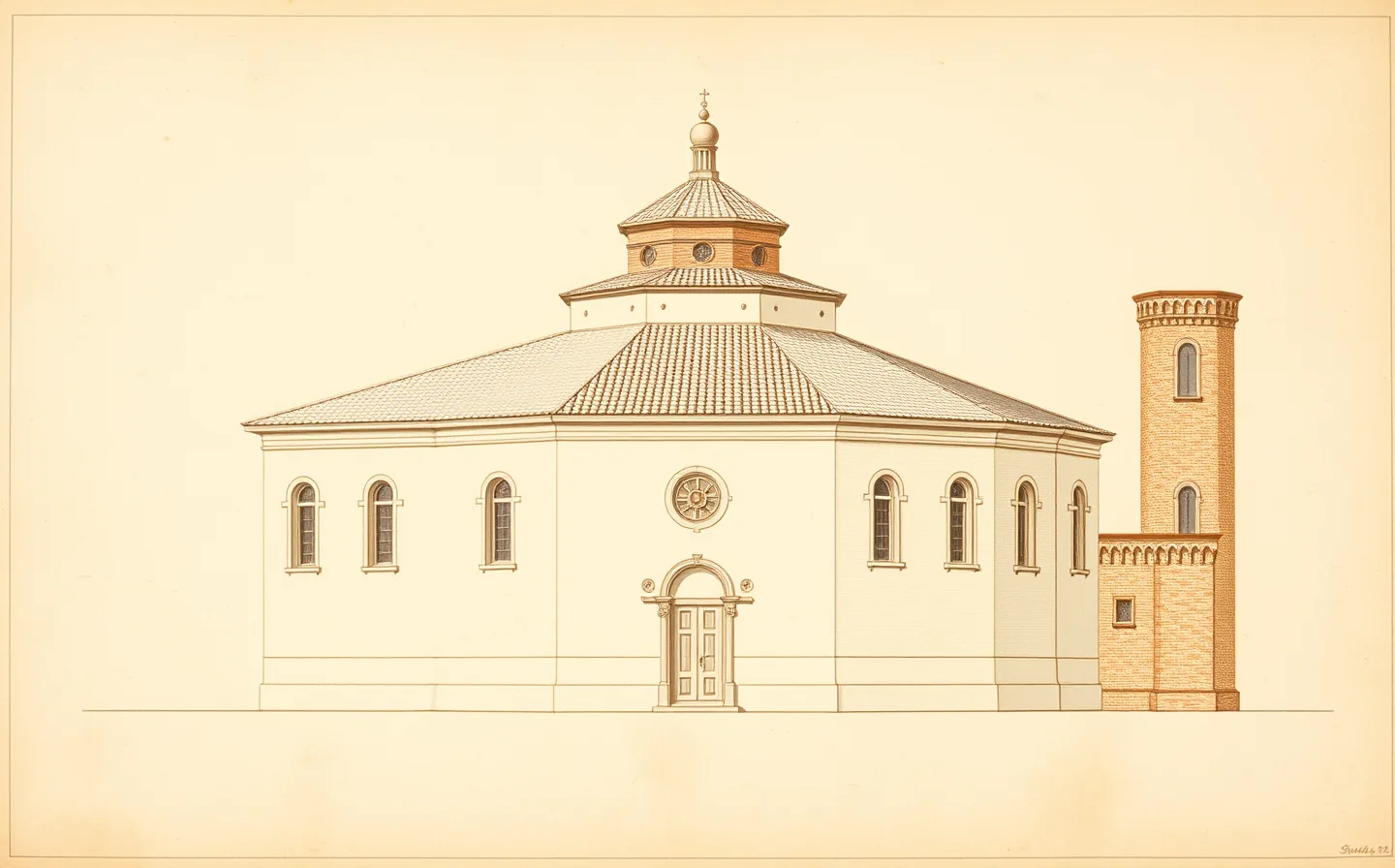 Illustration of the octagonal red-brick exterior of the Basilica of San Vitale in Ravenna, showing its tiered round-arched windows, low domed roofline, and adjacent square bell tower.