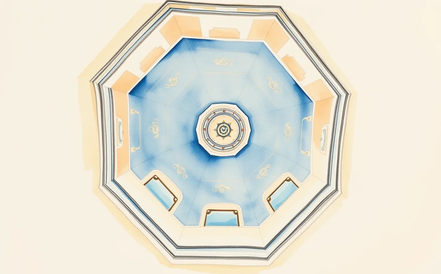 Looking up into the Neonian Baptistery's octagonal dome: gold-robed apostles process in a ring around a central mosaic of Christ's baptism, on deep blue ground above marble-clad walls.