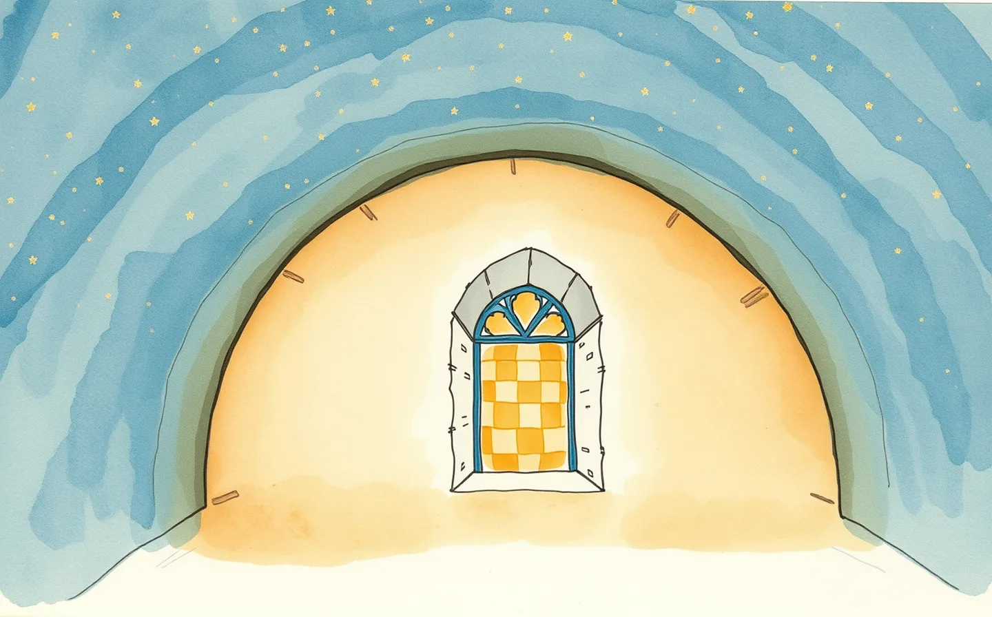 Illustration looking up into the star-studded blue dome of the Mausoleum of Galla Placidia: gold stars circling a cross on deep-blue mosaic, amber light through alabaster windows below.